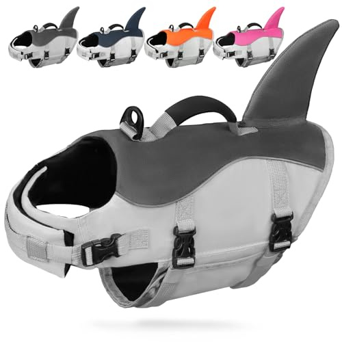 AMZNOVA Shark Dog Life Jacket, Buoyancy Aid with Handle, Dog Life Vest for Swimming & Boating, Ripstop & Buoyancy for Doggy, L, Grey