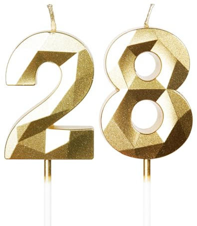 mciskin Gold 28th Birthday Candles, 3D Number 28 Candles for Cake, Girls Boys 28th Birthday Decorations,Pearl Gold Candle Cake Topper Decorations for Birthday Party Weddings Anniversary Supplies