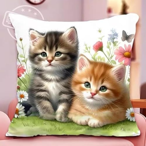 WallustrioaW Tier DIY Kreuzstichkissen,zwei süße Katzen,Stickset,Kreuzstich Kissen zum Basteln Stickkissen Stickpackung mit Vorgedruckt Kreuzstichmotiv,45x45cm