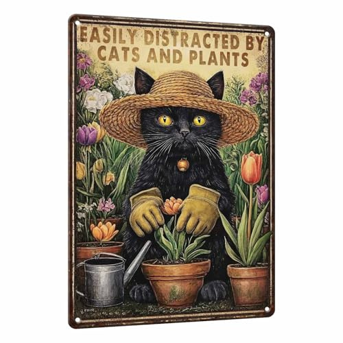 PEACHGARDEN Garden Sign Cat Outside Sign Easily Distracted by Cats and Plants Vintage Funny Metal Wall Art for Home Farmhouse Kitchen Outdoor Gift 8x12inch