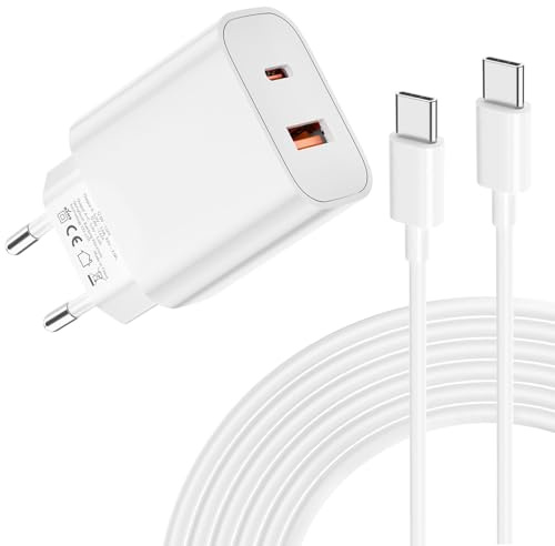 Cargador USB C de 20W - Carga Súper Rápida de Doble Puerto con Cable USB C de 2M, Adecuado para iPhone 16/15, para Samsung Galaxy, para iPad, para Pixeli etc (Blanco)