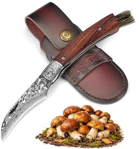DRACHENADER Mushroom Knife with Brush, Folding Foraging Knife with VG10 Damascus Steel Blade, Curved Blade Mushroom Harvesting Knives with Leather Sheath for Camping