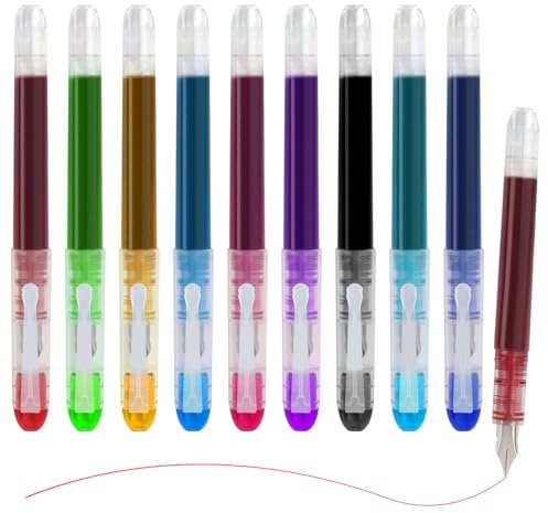 MOTIBACK 9PCS Disposable Fountain Pens - 9 Color Ink Smooth Writing Fountain Pen, Quick-Drying Liquid Ink, Fine Nib for Journaling, Sketching, Lettering, Calligraphy, School, Office & Gift Supplies