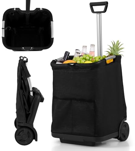 COSTWAY Einkaufstrolley klappbar, 50 Liter, Einkaufswagen mit 3 Taschen & verstellbarem Griff, Einkaufstasche mit Rollen bis 35 kg belastbar (Schwarz)