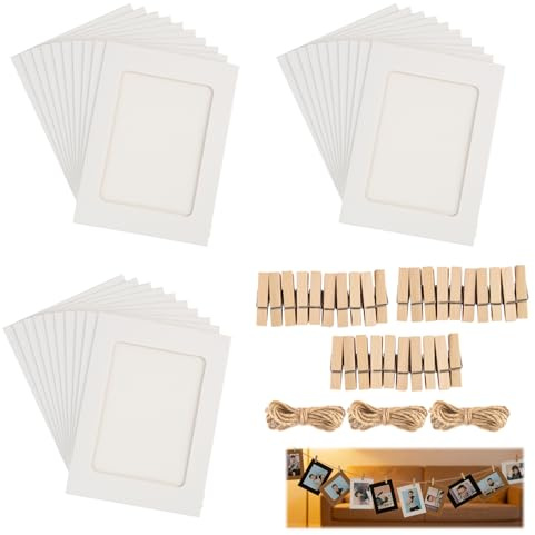 Marco de fotos de papel de 10 x 15 cm, con 30 pinzas de madera y cuerda, para crear collage decorativo y artístico en pared, adecuado para fotos, obras de arte y recuerdos, diseño único y flexible