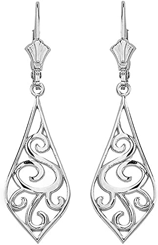 .925 Sterling Silver Art Nouveau Swirl Teardrop Dangle Leverback Earrings - 1.65