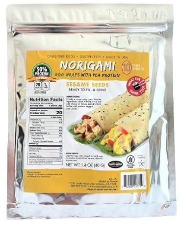 Norigami Egg Wraps Pea Protein - High Protein,Low Carb,Vegetarian Thin Healthy Wrap for Sandwiches-Ready To Fill And Serve-Certified Kosher,Non GMO,Gluten Free -6 Wraps Pea Wrap Sesame Seeds (4 Packs)