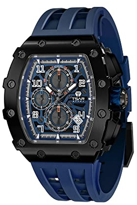 TSAR BOMBA Montre Homme Tonneau de vin Boîtier en Acier Luxe étanche 50M Lnoxydable Verre Saphir Lumineux Bracelet en Gel de Silice Fonction Chronographe Date Quartz Luxe Mode Cadeau pour Homme