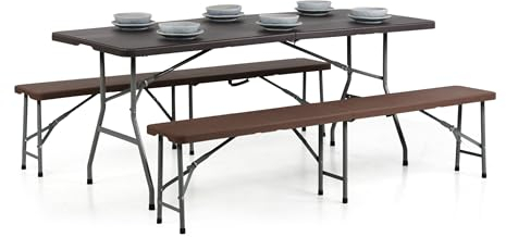 Brigros - Tavolo Pieghevole Con Panche Da Giardino, Perfetto Come Tavolo Campeggio O Tavolo Picnic, Salvaspazio Con Panche Da Esterno In Metallo E HDPE (Rattan)