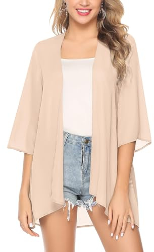 Irevial Dam chiffong kimono cardigan 3/4 ärm bikini cover up blommor tryck lätt strand öppen front jacka för sommar, enfärgad kräm, S