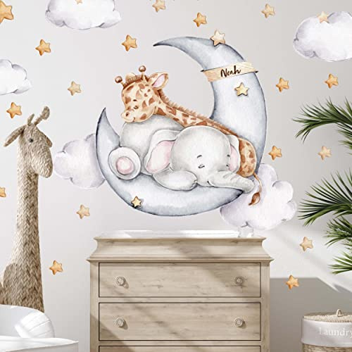 Elefant und Giraffe Personalisierbar V365 mit Wunschname | handgezeichnet | AUFKLEBER Kindergarten | Wandsticker Kinderzimmer Deko mit Sternen Babyzimmer (50 x 50 cm)