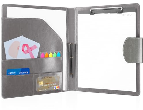 Agoer A4 Clipboard Folder, Faux Leather Portfolio With Magnetic Closure Cover, Sticky Arrow Tabs, Pen, Conference Presenter Document for Office Meetings, Grey