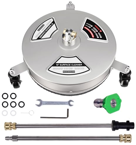 Pro-Kleen Pressure Washer Surface Patio Cleaner Karcher Compatible, Attachment Cleaning for Driveways, Patios, Extra 1/4 Quick Connect Nozzle, 2 Extension Wands (16 Stainless Steel Patio Cleaner)
