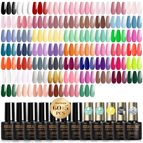 ROSALIND Smalto Semipermanente Unghie, 65 Pezzi Rosa Giallo Blu Verde Viola Colori Smalti Semipermanenti per Unghie Rosso Nero Grigio Marrone, UV/LED Mini Smalto Gel Manicure Regalo