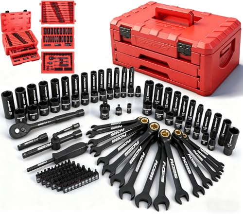 Premium 132-Piece Mechanics Tool Set, SAE/Metric 1/4 & 3/8 Drive Socket Set, Ratcheting Wrenches, Extensions & Adapters, Quick-Release Ratchet, Professional Auto Repair Tool Kit with Storage Case