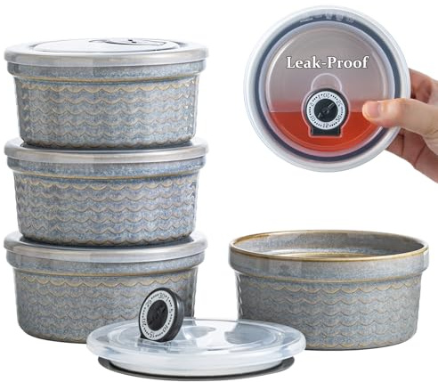 Ceramic Small Baking Dishes for Oven, 12oz Meal Prep Containers Charcuterie Bowls with Lids, Creme Brulee Ramekins Set, Pudding Custard Cups Fruit Souffle Bowls Set of 4, Grey Ripple