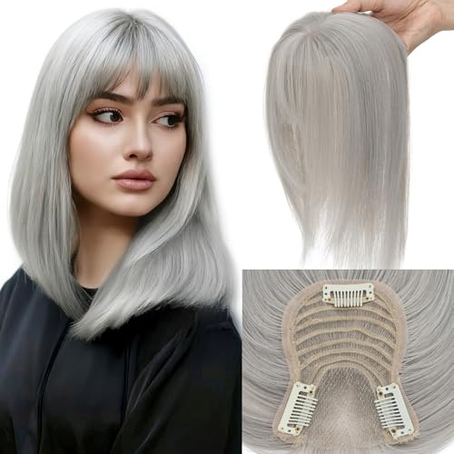 Elailite Hair Topper Donna Capelli Veri Clip in Silk Lace Grigio Protesi Toupee Toupet con Frangia Sottile (Handmade Base 8x11.5cm) 30cm 35g