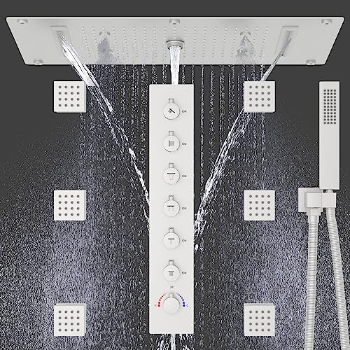 QIYFOZ Brushed Nickel Multi Shower Head System with Rain Shower Handheld and 6 Body Jet Spray 70cm Rainfall Shower Faucet Set with 6 Way Thermostatic Shower Valve Complete Showe