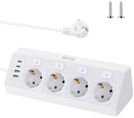 Ecksteckdose mit Einzeln Schaltbar, 4 Fach Steckdosenleiste mit 2 USB und 2 Type-C, Überspannungsschutz (3680W 16A), Mehrfachstecker Wandmontage mit 2M Kabel für Küche, Büro, Hause, Weiß