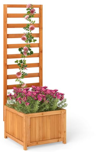 COSTWAY Letto da Giardino Rialzato in Legno con Traliccio, Fioriera Elevata con Fori di Drenaggio & Spazi per Piante Rampicanti, Viti, Fiori, Verdure, Fioriera per Interni ed Esterni (Arancione)