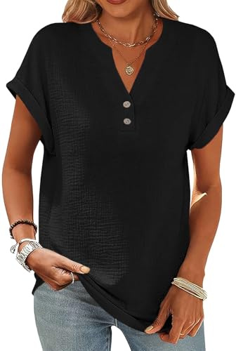 Yutdeng Camicia Elegante Estiva Donna Camicette in Lino Cotone a Manica Corta Bluse Leggero Maglietta Scollo a V Top con Bottoni Camicia Moda Casual Classico T-Shirt