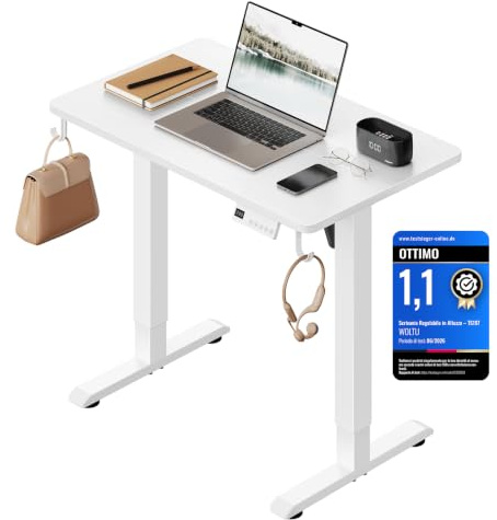 WOLTU Scrivania Elettrica Regolabile in Altezza 72-118 cm, con 3 Memorie e 2 Ganci – Bianco, Silenziosa, Capacità di Carico 80 kg – per Ufficio, Casa, Gaming e Studio, 80x48 cm