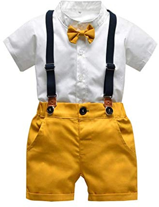 ShangSRS Bébé Garçons Ensemble Costumes Ete 4 pcs Chemise Courte+Short Jaune+Bretelles+Noeud Papillon Messieurs Mariage Vêtements Baptême Tenues Anniversaire 3 6 12 18 Mois 2 3ans