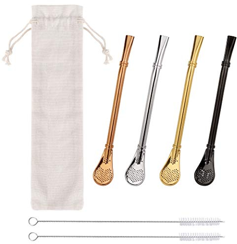 Cucchiaio di Paglia Filtro di Acciaio Inossidabile Cannucce di Riutilizzabili Cannucce di Filtro Metallo con 2 Spazzole per la Pulizia Adatto per Yerba Mate, Tè Allentato e Tè Nero 4 Pezzi (4 Colori)