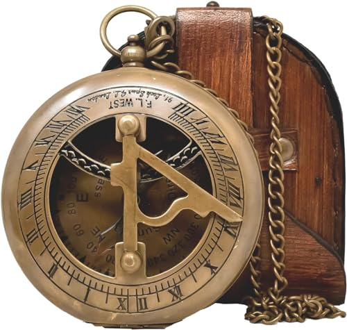 KHUMYAYAD Brújula de reloj de sol de latón de 3 pulgadas con brújula de cuero puro, réplica náutica antigua