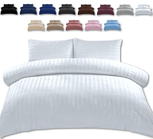 TheWhiteWater Single Bed Duvet Set - 2 in 1 Seersucker Bedding Set - Single Duvet Cover + Matching Pillowcase - Virgin Polyester of Microfibre (White, Single - Duvet Cover ONLY)