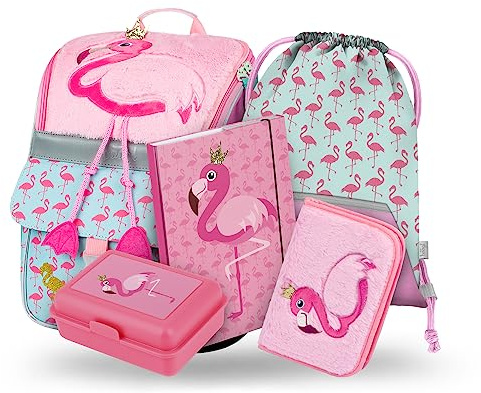 Baagl Schulranzen Mädchen Set 5 Teilig - Schultasche ab 1. Klasse - Grundschule Ranzen mit Brustgurt - Ergonomischer Schulrucksack (Flamingo)