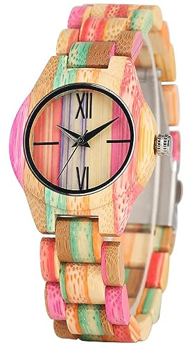 Tiong Damen Holzuhr - Wasserdichte Quarzuhr Mit Einstellbarem Armband, Bunte Armbanduhr