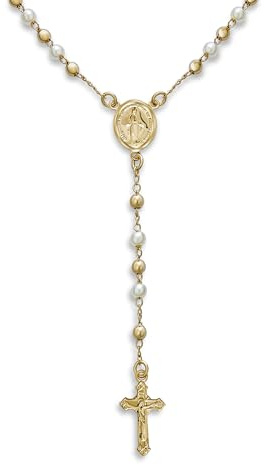 Bling Jewelry Collier De Chapelet En Perles De Simili-Perles Blanches Délicates, Avec Médaille De La Vierge Marie Et Croix Crucifix En Plaqué Or 18 Carats, Pour Femmes Adolescentes