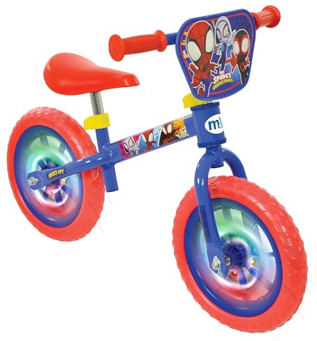Disney Spidey & His Amazing Friends Balance Bike | 12 Boys Girls Push Along Bicycle with Light Up Wheels | Officially Licensed | Adjustable Height for Toddler Toy | Age 2+