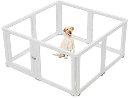 Kerhouze 8 Welpenlaufstall Faltbar mit abschließbarer Tür, 120X120X60cm hoch, Welpenauslauf Indoor Transparent, Laufstall Hund für Katzen, Hunde, Kaninchen und kleintiere, rutschfest, weiß