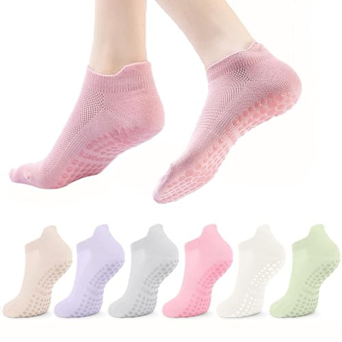 HUAOAO 6 Pairs Pilates Socks, Yoga Socks for Woman Non Slip, Breathable Yoga Socks with Silicone Grips for Studio Practice, Home Workouts, Barre & Dance