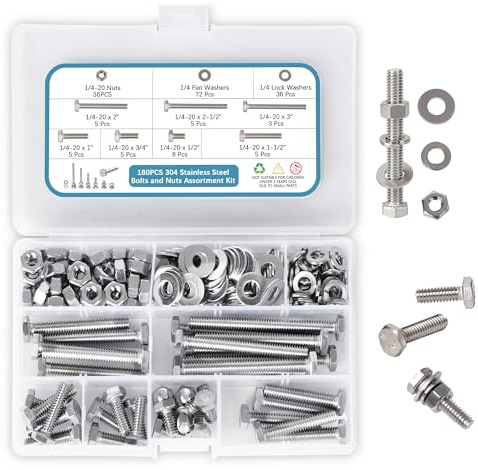 180-teiliges Schrauben- und Mutternsortiment aus 304 Edelstahl, 1/4-20 Zoll Gewinde, verschiedene Längen 13–76,2 mm, mit Unterlegscheiben & Federringen