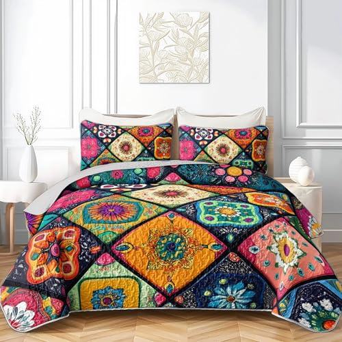 Axolotl Boho Mandala Quilt Set Queen, Mexican Talavera Quilt Coverlet for Women, Bohemian Retro Abstract Bedspread, 3Pcs Exotic Flowers Geometric Bed Coverlet, Cozy Bedspread with 2 Pillowcases