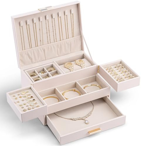Vlando Large Jewellery Box, 3 Tier Jewellery Organiser with Drawer, Box & Organiser with Retractable Tray for Necklaces, Rings, Bracelets, Earrings,Gifts for Women,Pink