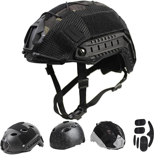 Casque tactique pour airsoft paintball rapide + couvre-casque, type PJ, tactique multifonctionnel, support NVG pour sports de plein air, chasse, tir (noir)