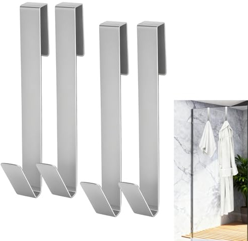 Ganci Doccia 4 Pezzi in Acciaio Inox - Porta Accappatoio per Paroi in Vetro Senza Forare, Antiscivolo e Resistente, Facile da Appendere per Bagno, Doccia e Cucina per Vetro fino a 13mm di Spessore