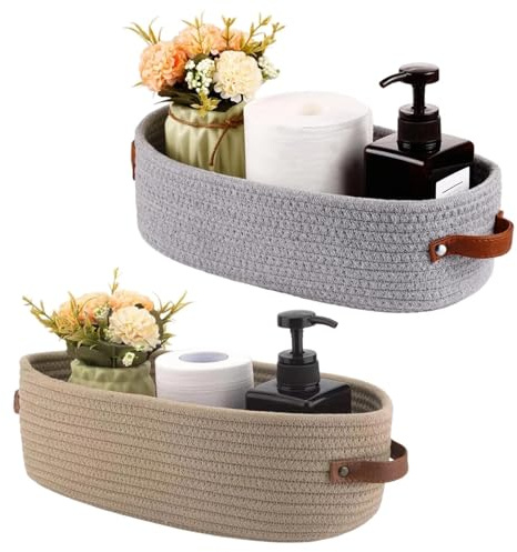 txuzong Juego de 2 cestas de almacenamiento trenzadas de cuerda de algodón, 28 x 10 x 10 cm, con mango de piel, cesta natural en gris y caqui, para baño, dormitorio, cocina y estantería, solución de