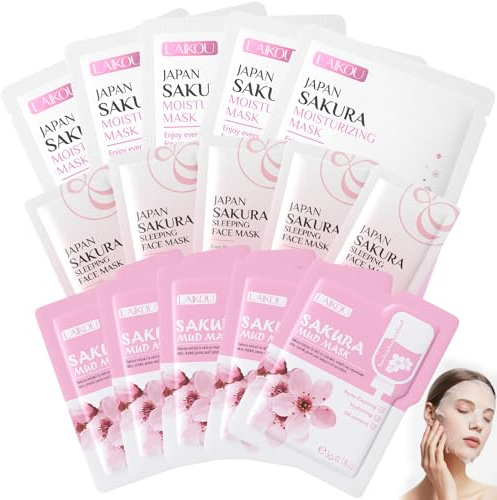 15 Pezzi Kit per la Cura della Pelle Sakura, Maschere Viso in Tessuto Sakura, include Maschera di Fango, Maschera per Dormire, maschera per il Viso, per Azione Idratante, Detergente