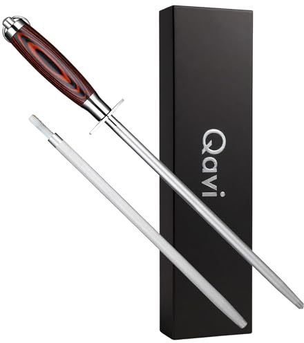 Qavi Professional Knife Sharpening Rod, 12-Inch Two in One Magnetised Honing Steel and Diamond Sharpening Rod, High Carbon Alloy Steel with Polished Coloured Wood Handle, Ideal for All Kitchen Knives