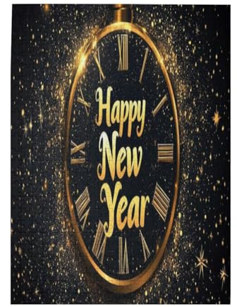 Golden Clock Happy New Year Wooden Puzzles for Adults Jigsaw Puzzles 500 Pieces 20.4X15In Family Game Funny Gift