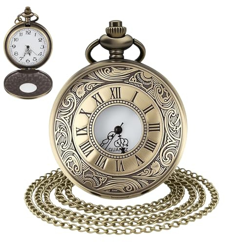 Vintage Pocket Watch and Chain Quartz Men's Pocket & Fob Watches Metal | Roman Numerals Steampunk Antique Design Pendant Timepiece for Men Birthday Anniversary Valentine's Day Gifts, Retro Bronze