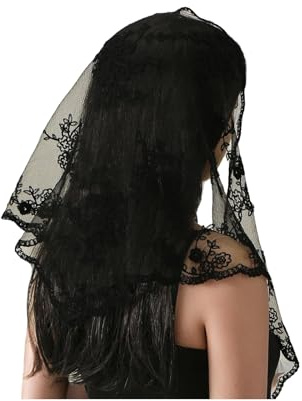 Voile en dentelle Voile D'église Voiles Chrétien Mantille en Dentelle voiles Mantilla triangulaires Triangle Couvre-Chef Pour Femme Messe Latin Prier Ceremonie Mariage demoiselle d'honneur (Noir)