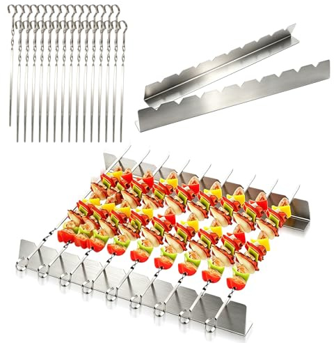 Viechoes Set Spiedini Barbecue in Acciaio Inox, 30 Spiedini per Barbecue da 40cm e 2 Supporti a 9 Posizioni, Accessori Barbecue Professionali per Griglia a Carbone e Gas, Lavabili in Lavastoviglie