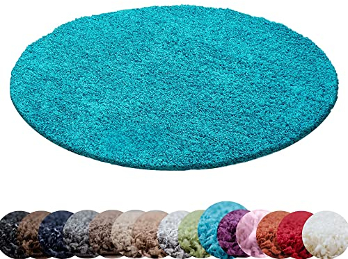 HomebyHome Teppich Rund Hochflor 160 cm Rund - Shaggy Runder Teppich Wohnzimmer Türkis Extra Weich und Flauschig - Waschbarer Langflor Teppiche für Schlafzimmer, Küche, Flur - Carpet, Halı, Kilim