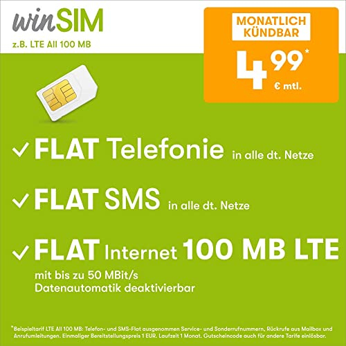 winSIM Handytarif z.B. Allnet Flat 100 MB – (Flat Internet 5G 100 MB, Flat Telefonie, Flat SMS und Flat EU-Ausland, 4,99 Euro/Monat, monatlich kündbar) oder andere Tarife